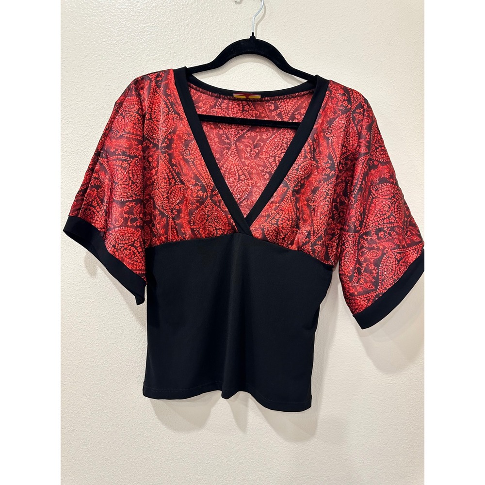 Vintage Y2K Red and Black Zoey Beth Paisley Tunic PTP 16"-17"